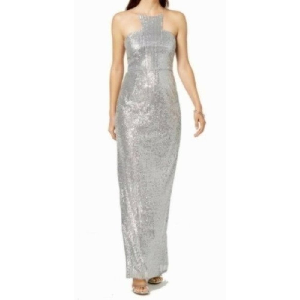 Adrianna Papell Sequin Cutaway Gown Silver